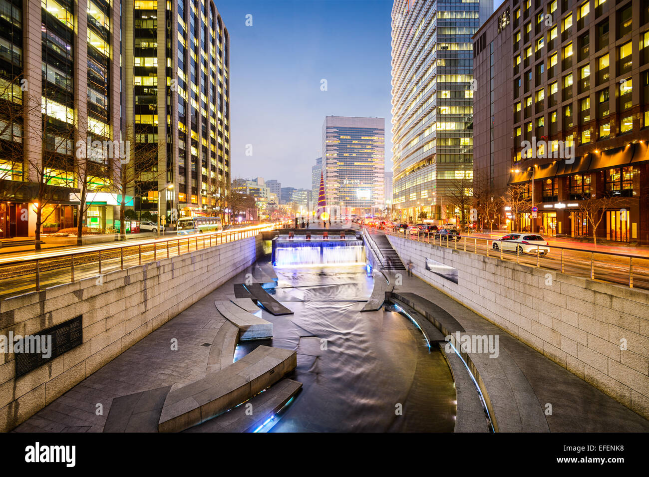 Seoul, South Korea cityscape at Cheonggye stream during twilight. Stock Photo