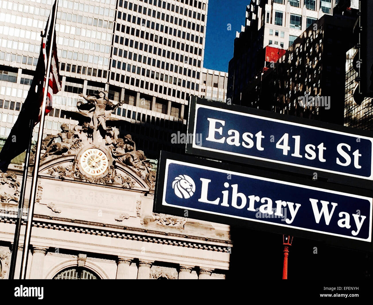 Sculpture and Clock, Grand Central Terminal, Street Signs, East 41st St and Library Way,  NYC, USA Stock Photo