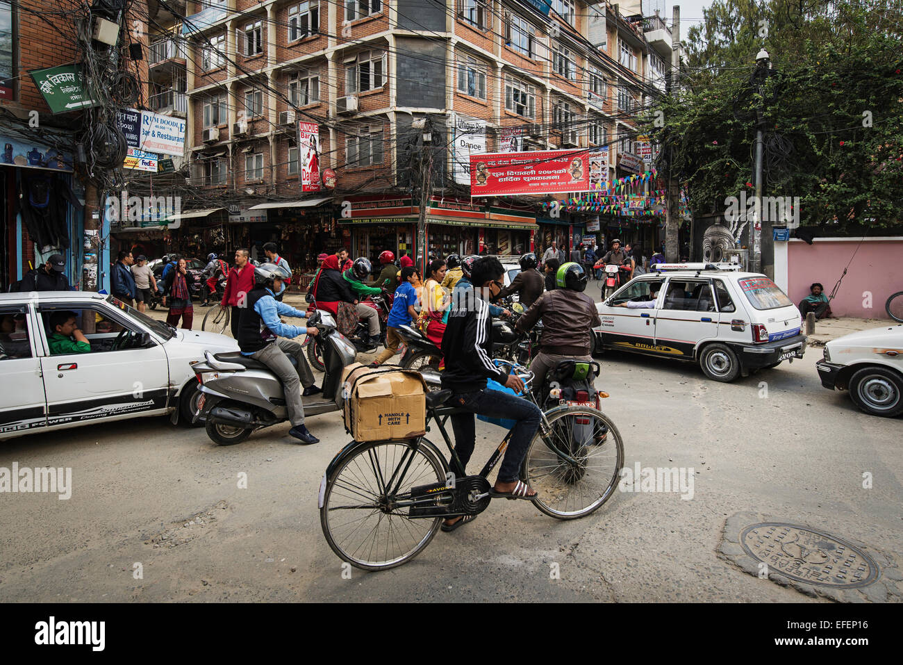 Intersection in Thamel, Kathmandu, Nepal. Stock Photo