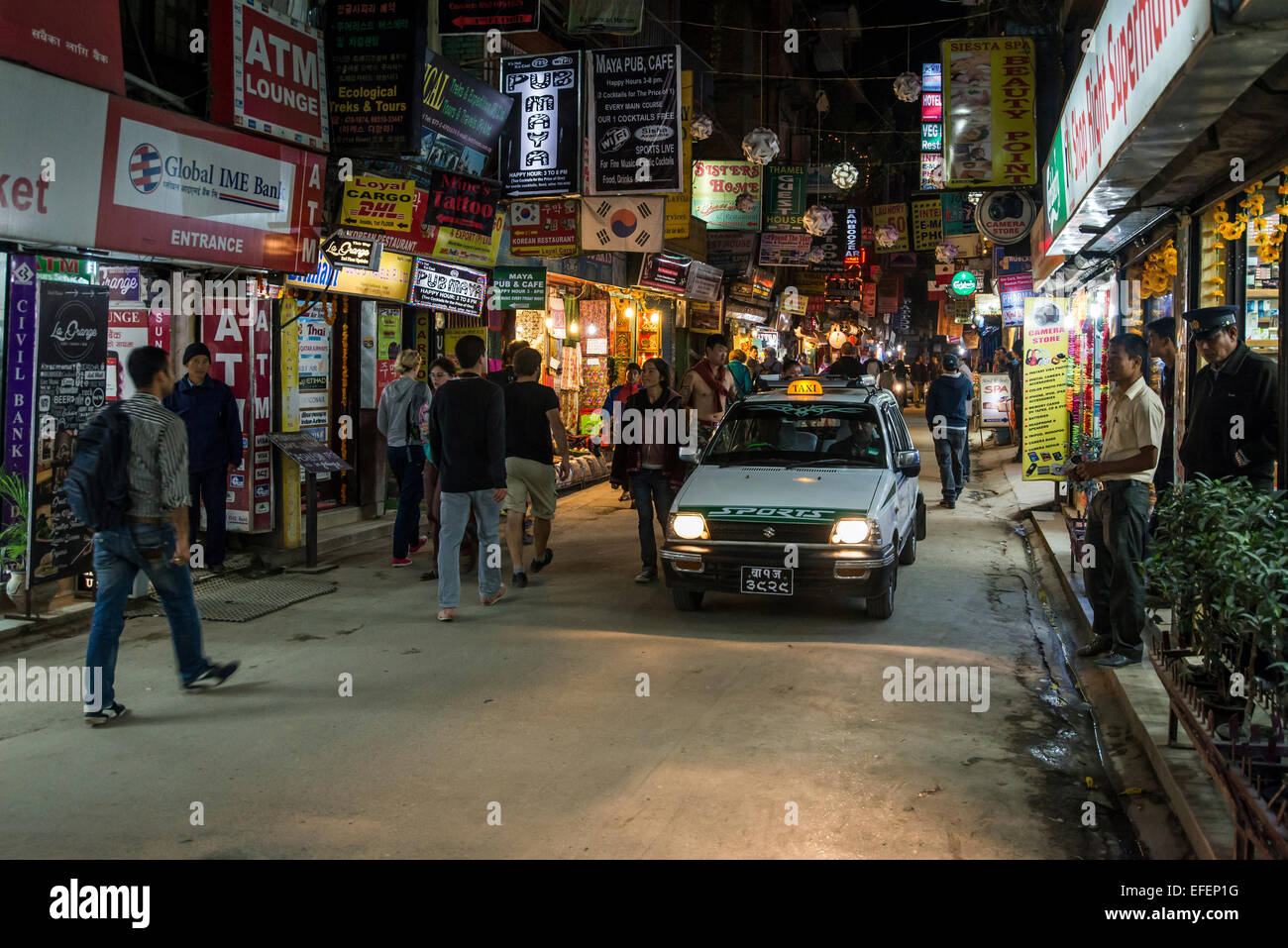 Thamel at night in Kathmandu, Nepal Stock Photo