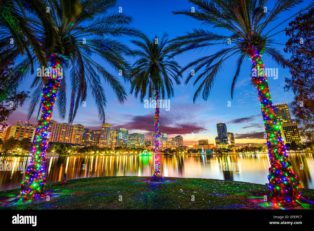 Orlando, Florida, USA downtown cityscape from Eola Lake. Stock Photo