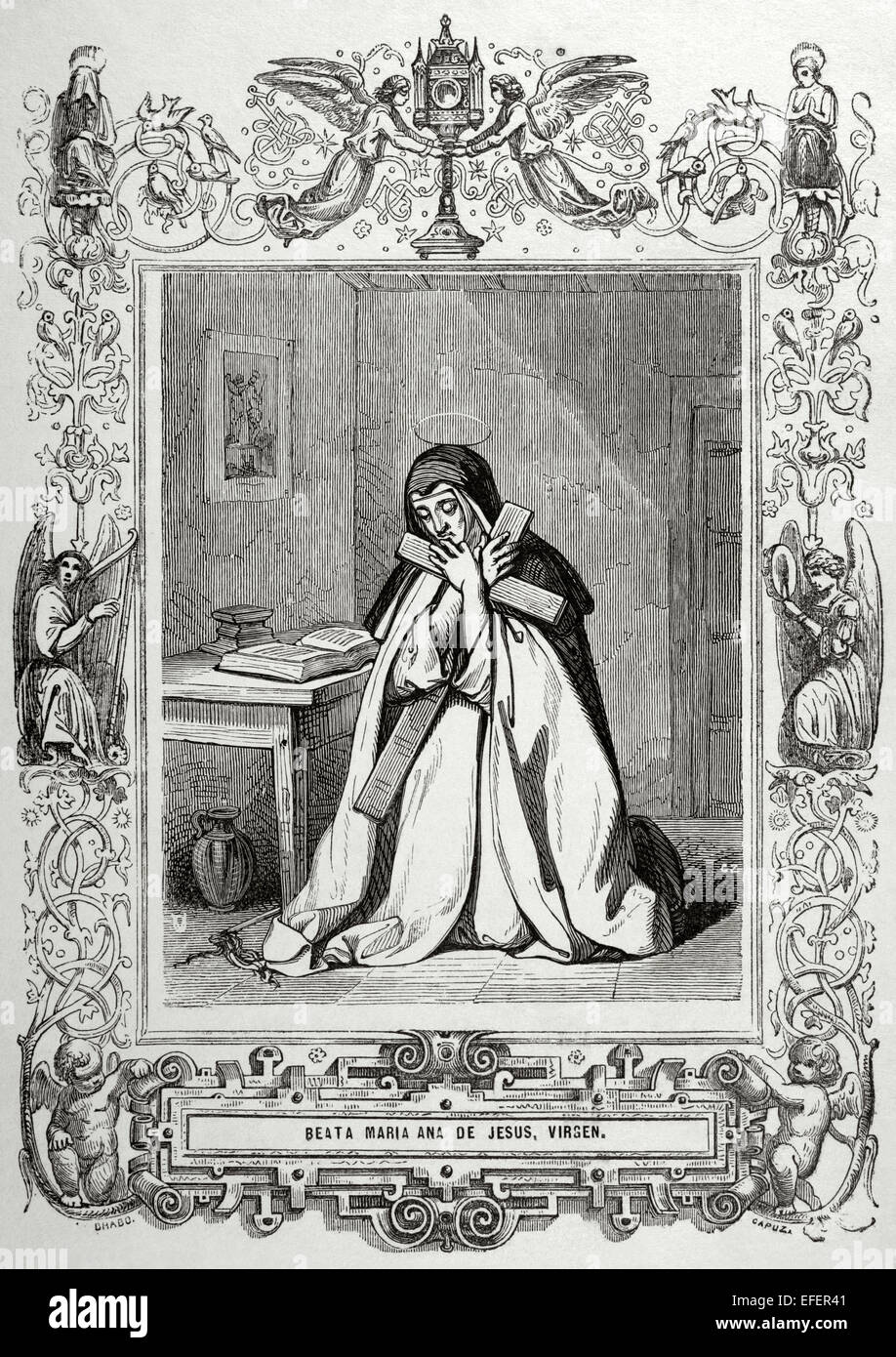 Blessed Mariana of Jesus, born Ana Maria Navarro Guevara and Romero (1565-1624). Spanish tertiary of the Order of Mercy. Engraving by Capuz, 1852. Stock Photo