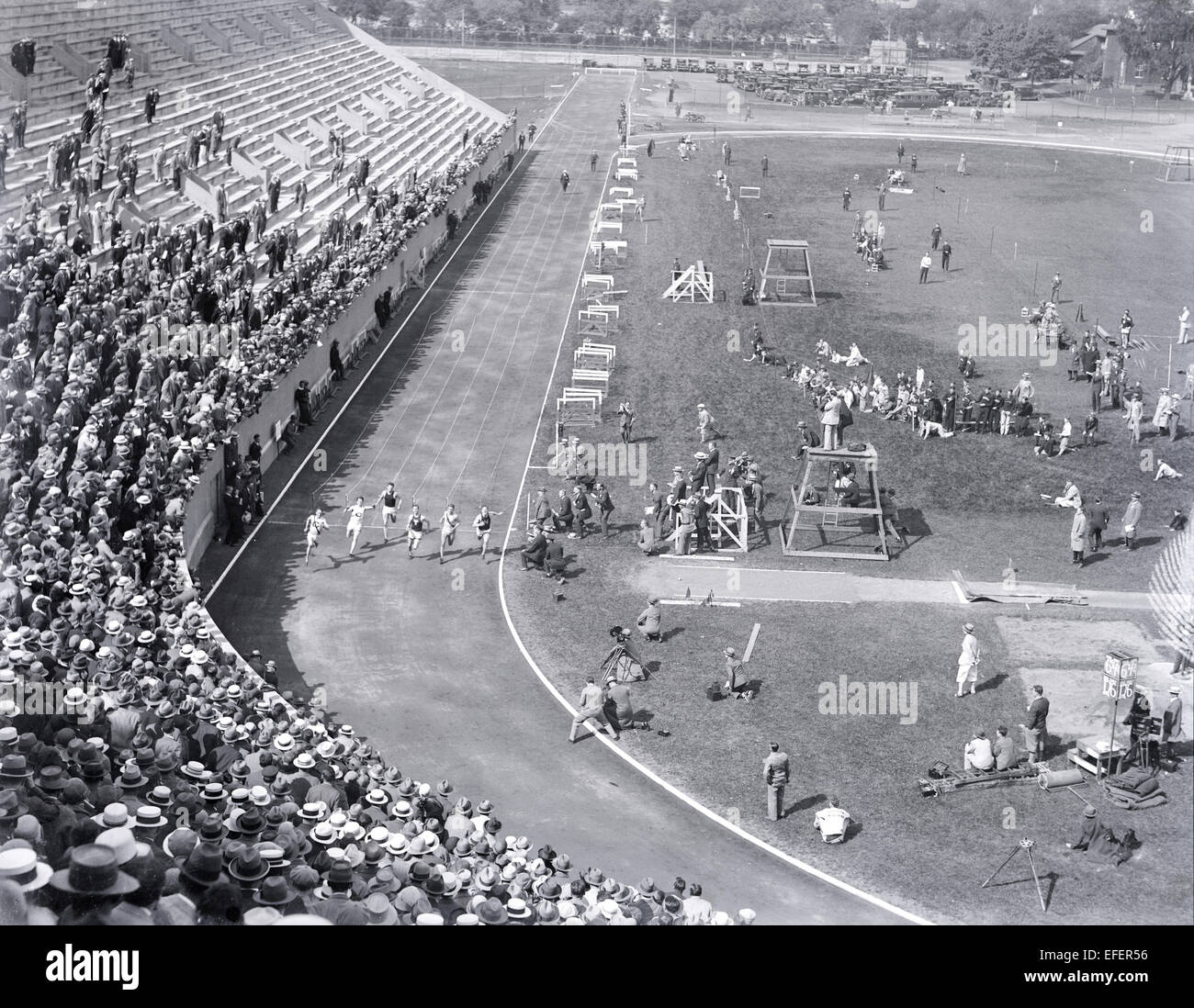Antique c1915 photograph, track meet at Harvard Stadium, Harvard University, Cambridge, Boston, Massachusetts, USA. Stock Photo