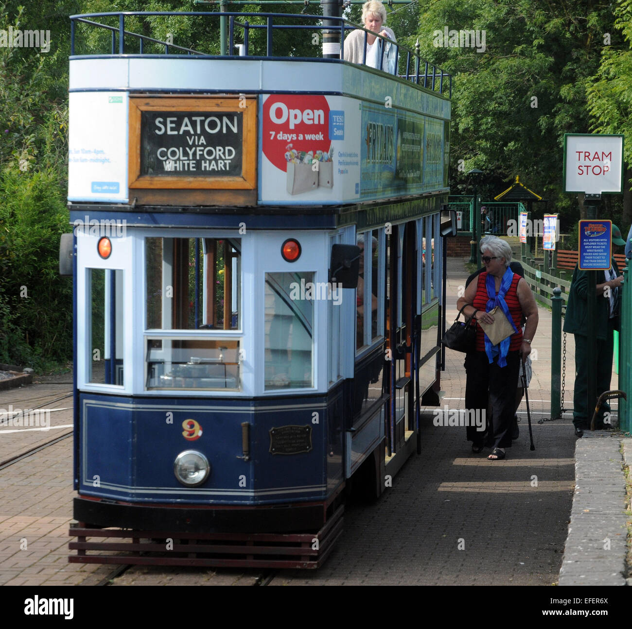 September 2014  Tram number 9, built in Bolton  and now sporting the Glasgow livery as it waits at Colyfordstation before depart Stock Photo
