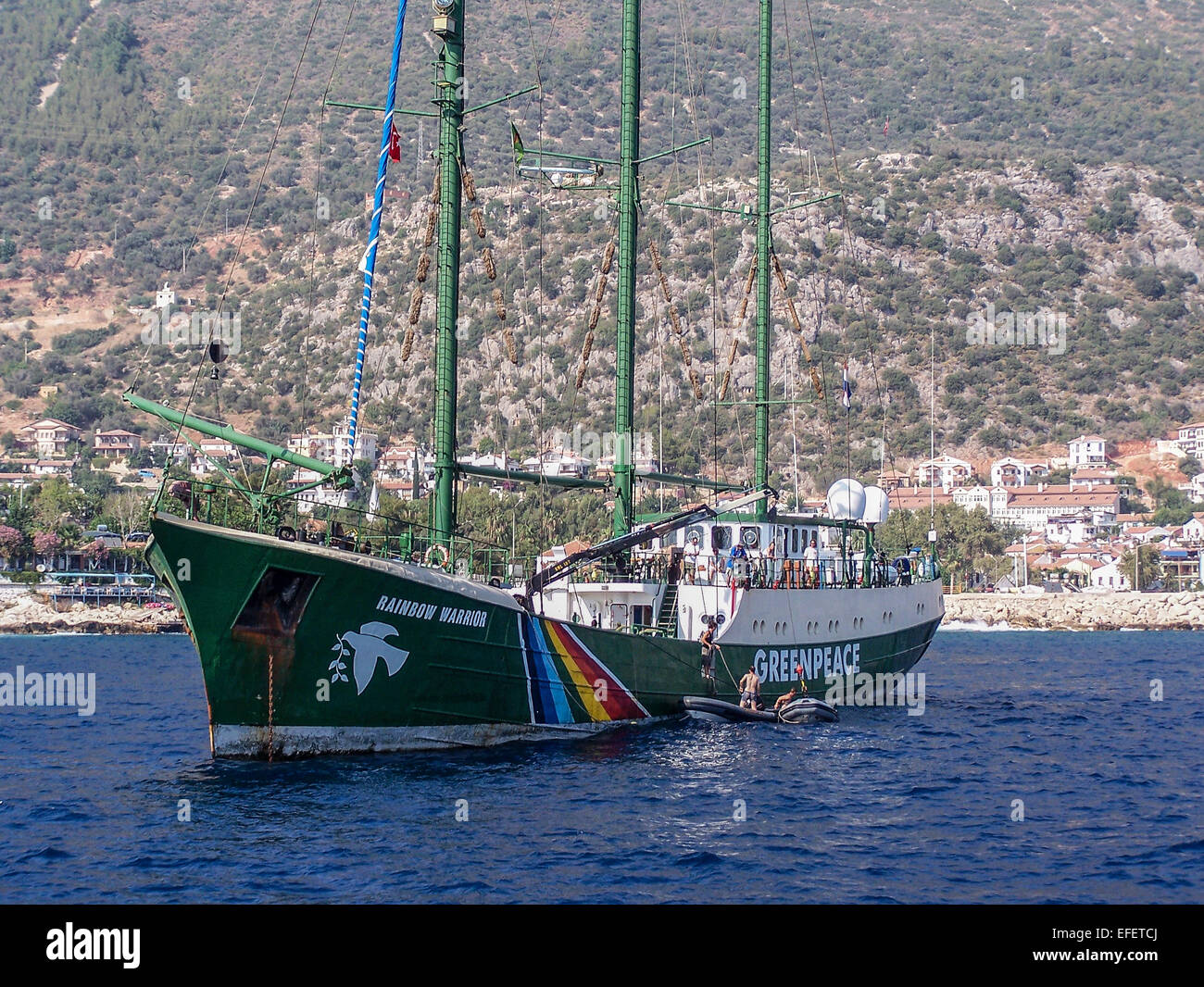 Kas, Turkey. 27 Jul 2006 - Greenpeace Rainbow Warrior is anchored off the coast of Turkey during a tour. Stock Photo