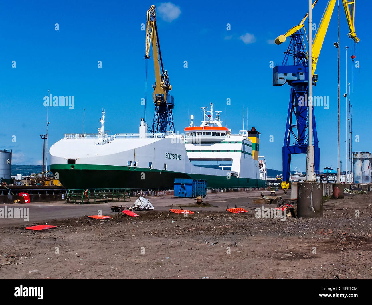 Belfast, Northern Ireland. 23 Jul 2007 - The roll-on-roll-off ferry Eddystone arrives in Belfast for a refit. This Point Class shop is one of six within the Royal Fleet Auxiliary for transporting troops, vehicles and equipment. Stock Photo