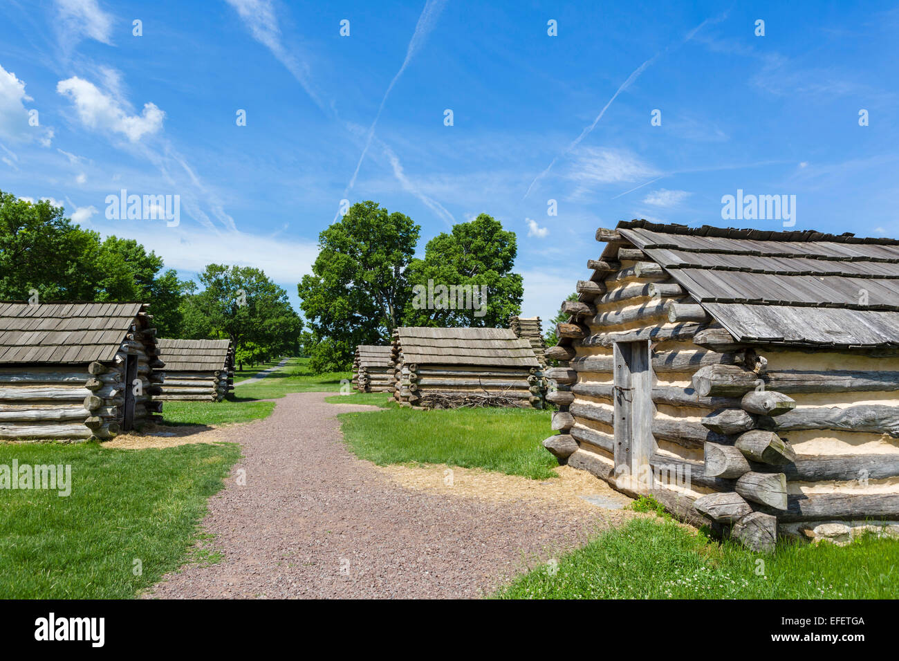 Reconstructed huts at the site of Muhlenberg's Brigade encampment, Valley Forge National Historical Park, Pennsylvania, USA Stock Photo