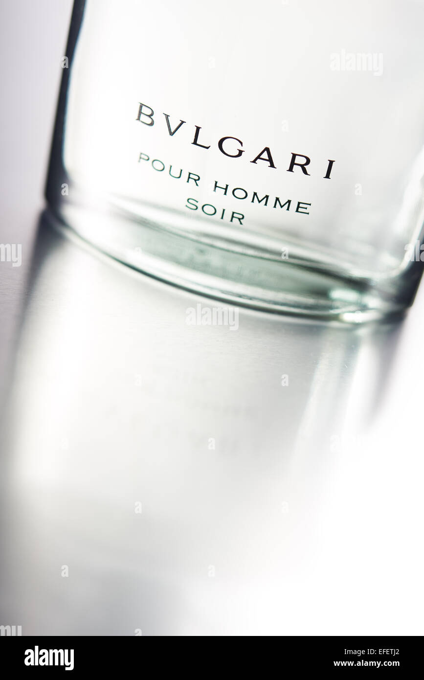 BVLGARI bottle at an angle with lots of light and a refection Stock Photo