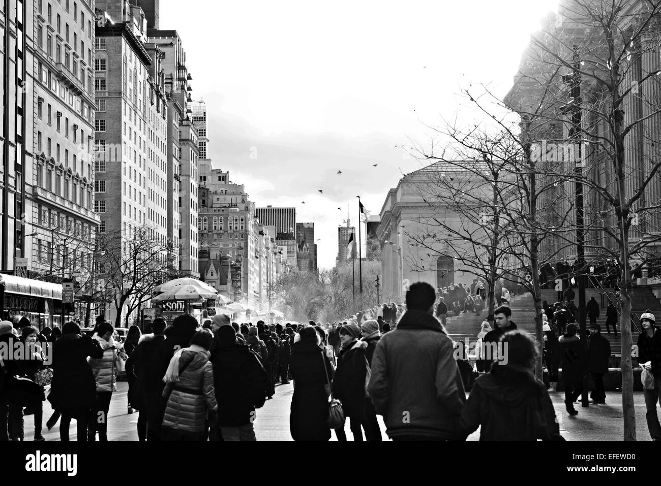 The MET in New York City. Street Photography. Crowd of people. Line. Black and White Stock Photo