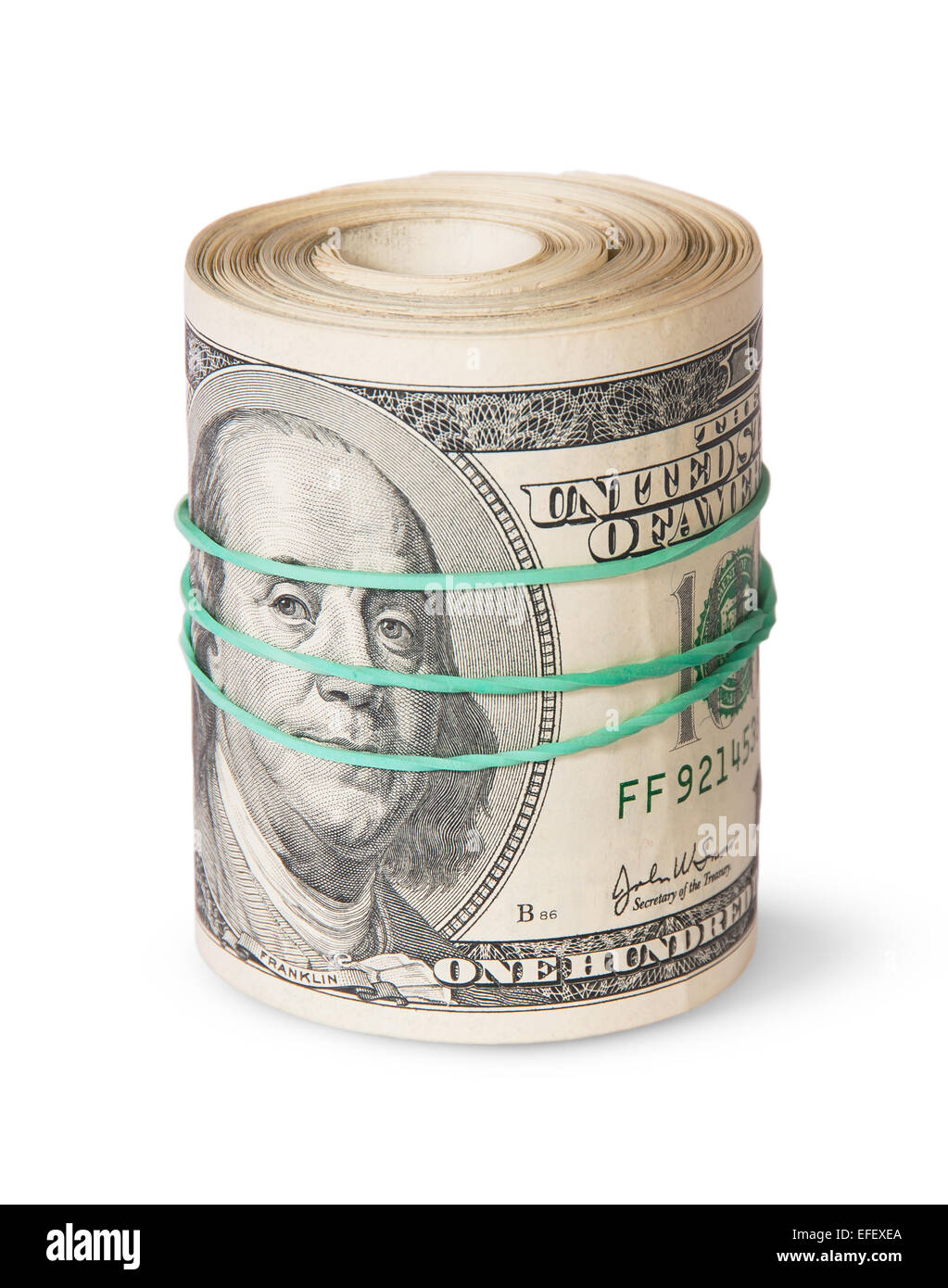 Roll Of One Hundred Dollar Bills Isolated On White Background Stock Photo
