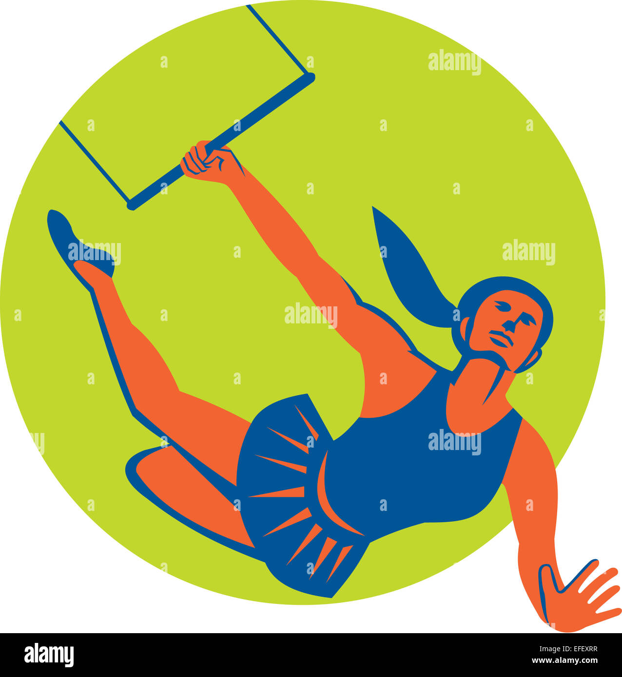 Illustration of an acrobat performing a flying trapeze act set inside circle done in retro style on isolated background. Stock Photo