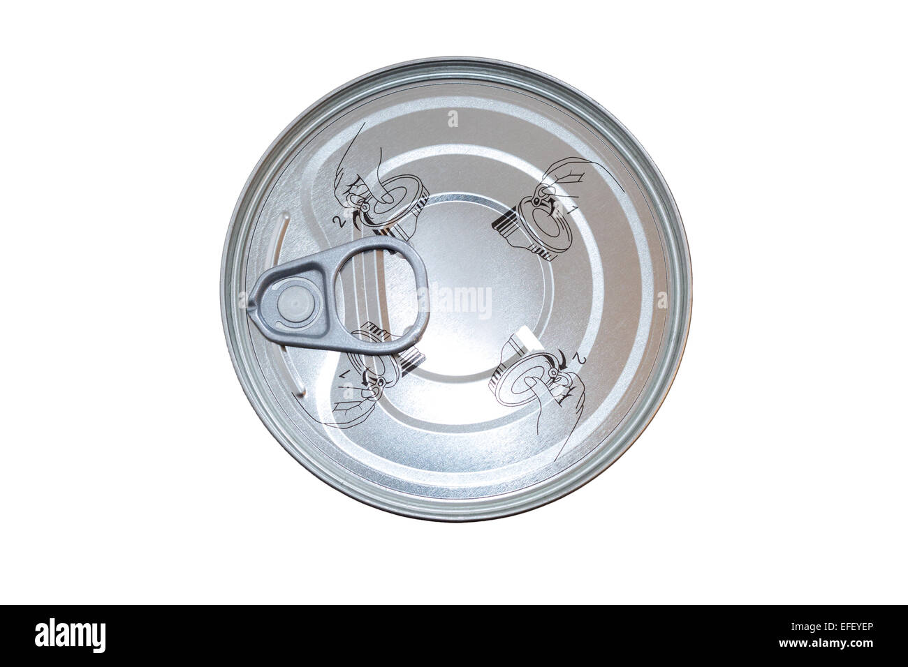 Aluminum food can with an easy-open, full pull-out end, viewed from above, isolated on white background. Stock Photo