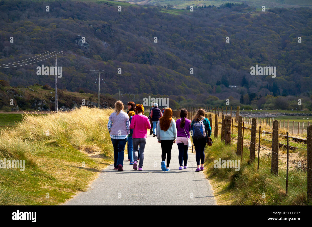 Group of people walking on a path in countryside near Barmouth in Gwynedd Snowdonia North Wales UK Stock Photo