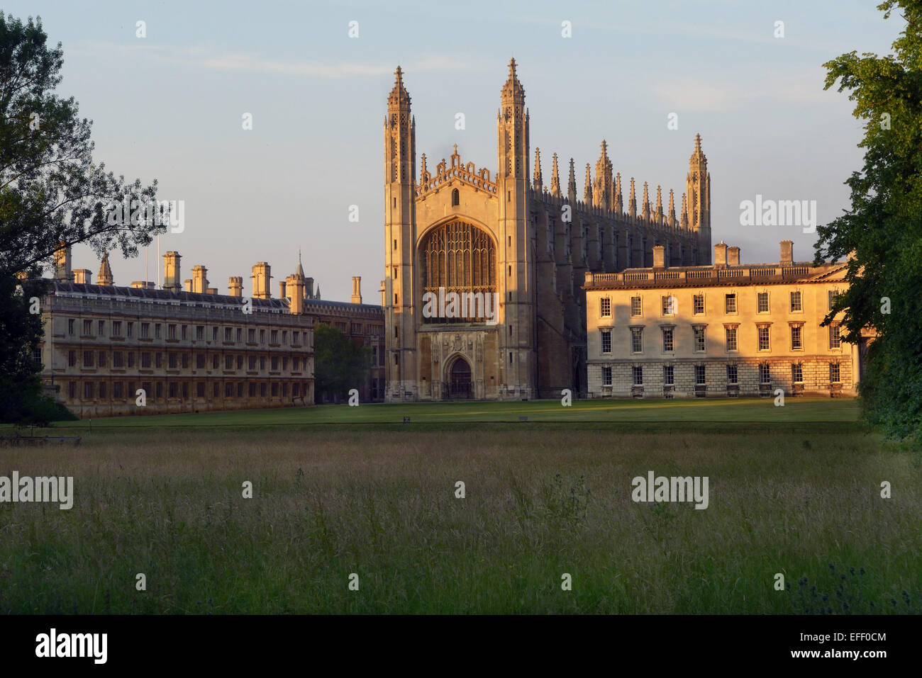Kings College Chapel Cambridge taken across the Back Lawn with the Gibbs building right, and Clare College left. Stock Photo