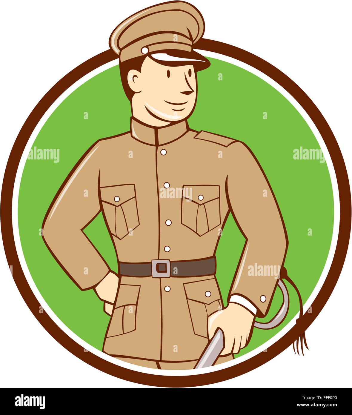 Illustration of a World War one British officer soldier serviceman standing facing front with sword on isolated white background done in cartoon style. Stock Photo