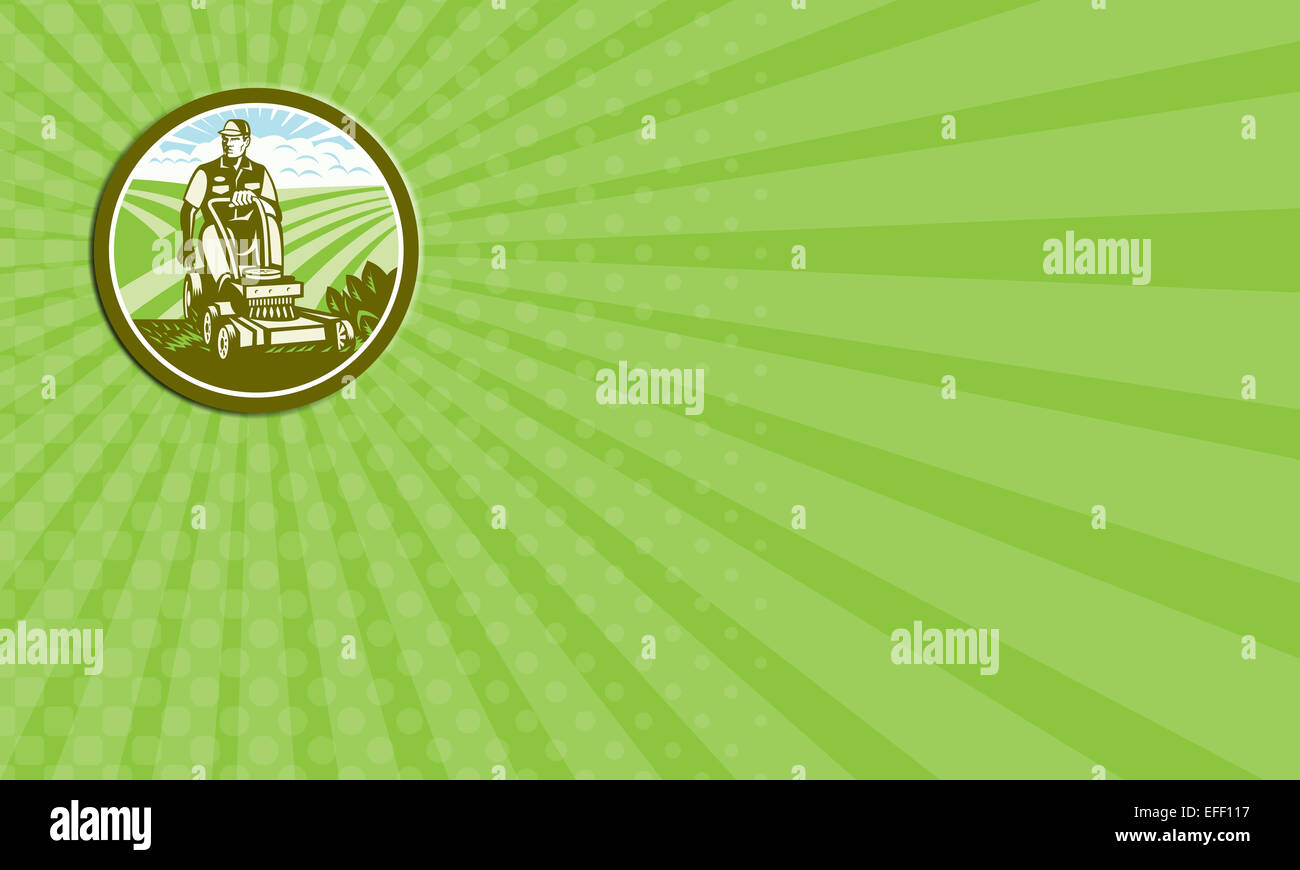 Business card showing illustration of a gardener riding on a vintage ...