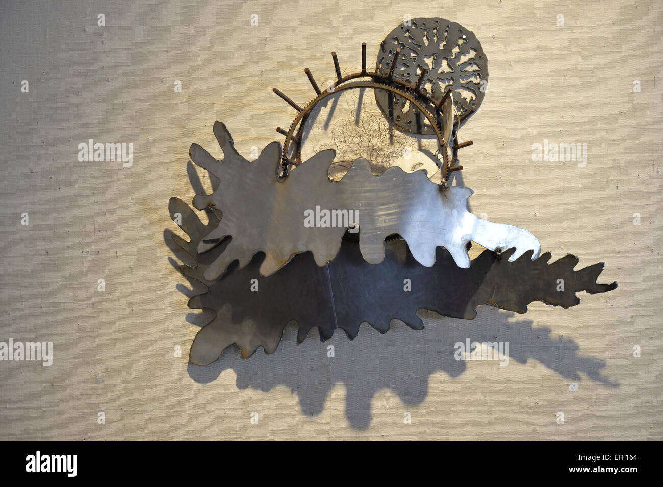 Roslyn, New York, USA. January 31, 2015. Metal sculpture by artist Thea Lanzisero is one of the works of art on exhibit at Artists Reception for 'The Alchemists' at Bryant Library. Stock Photo