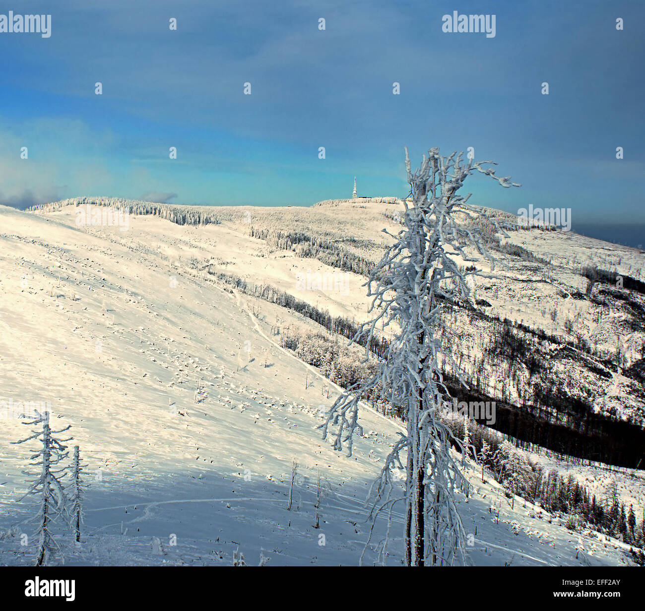 Male Skrzyczne and Skrzyczne hill in Beskid Slaski Mts. from Malinowska Skala during nice winter day Stock Photo