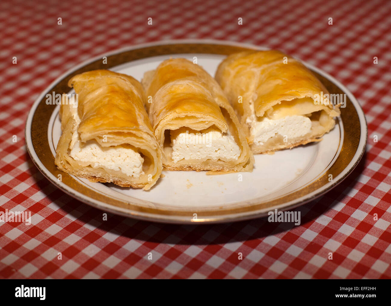 Cottage Cheese Strudel On Checkered Tablecloth Stock Photo