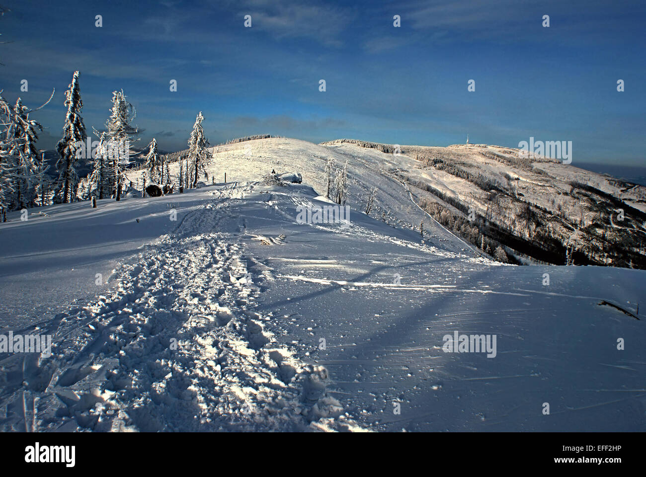 winter mountains panorama with lot of snow, tree, rock and blue sky - Malinowska Skala and Skrzyczne in Beskid Slaski Stock Photo