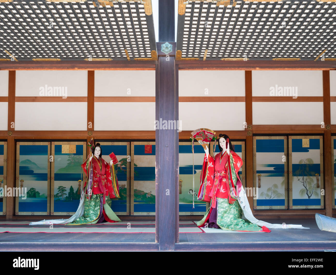 Dolls in traditional Japanese costumes in Kogosho pavilion Kyoto Imperial Palace Stock Photo