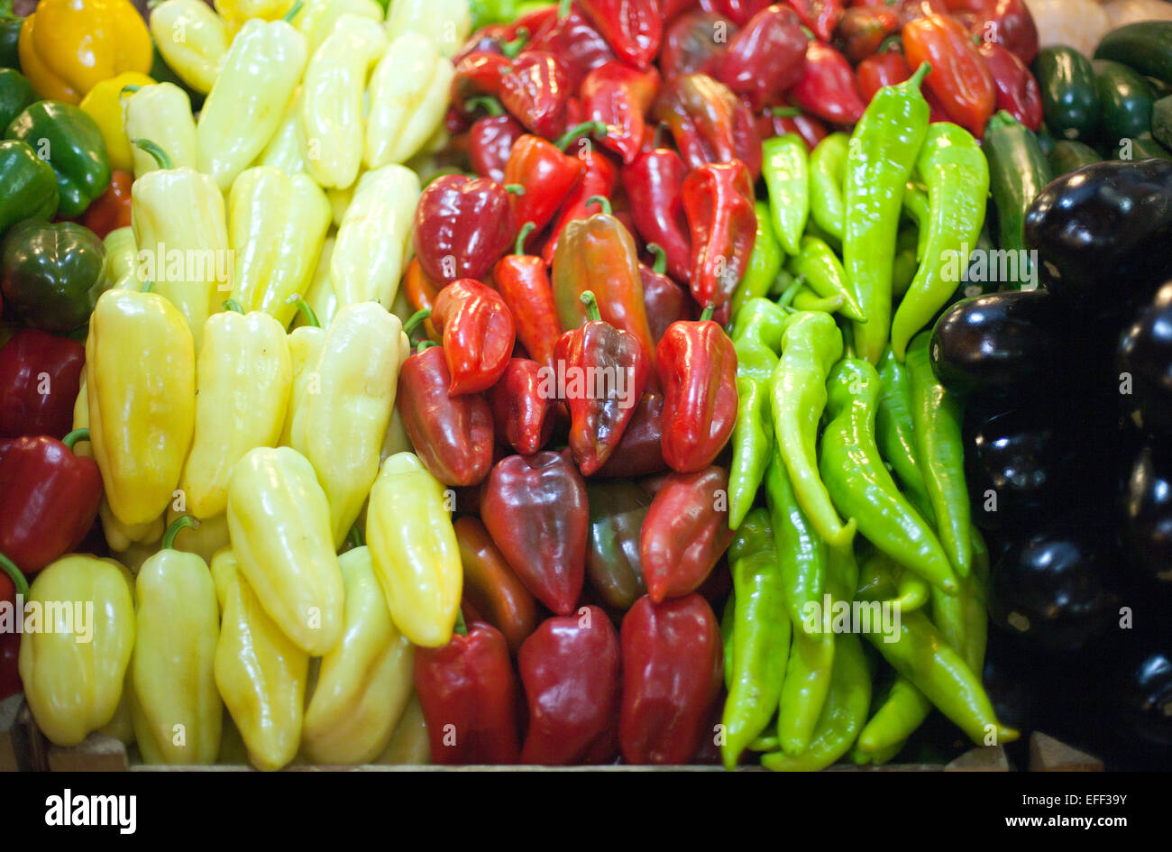 Peppers in raw at a farmers market as a background Stock Photo - Alamy