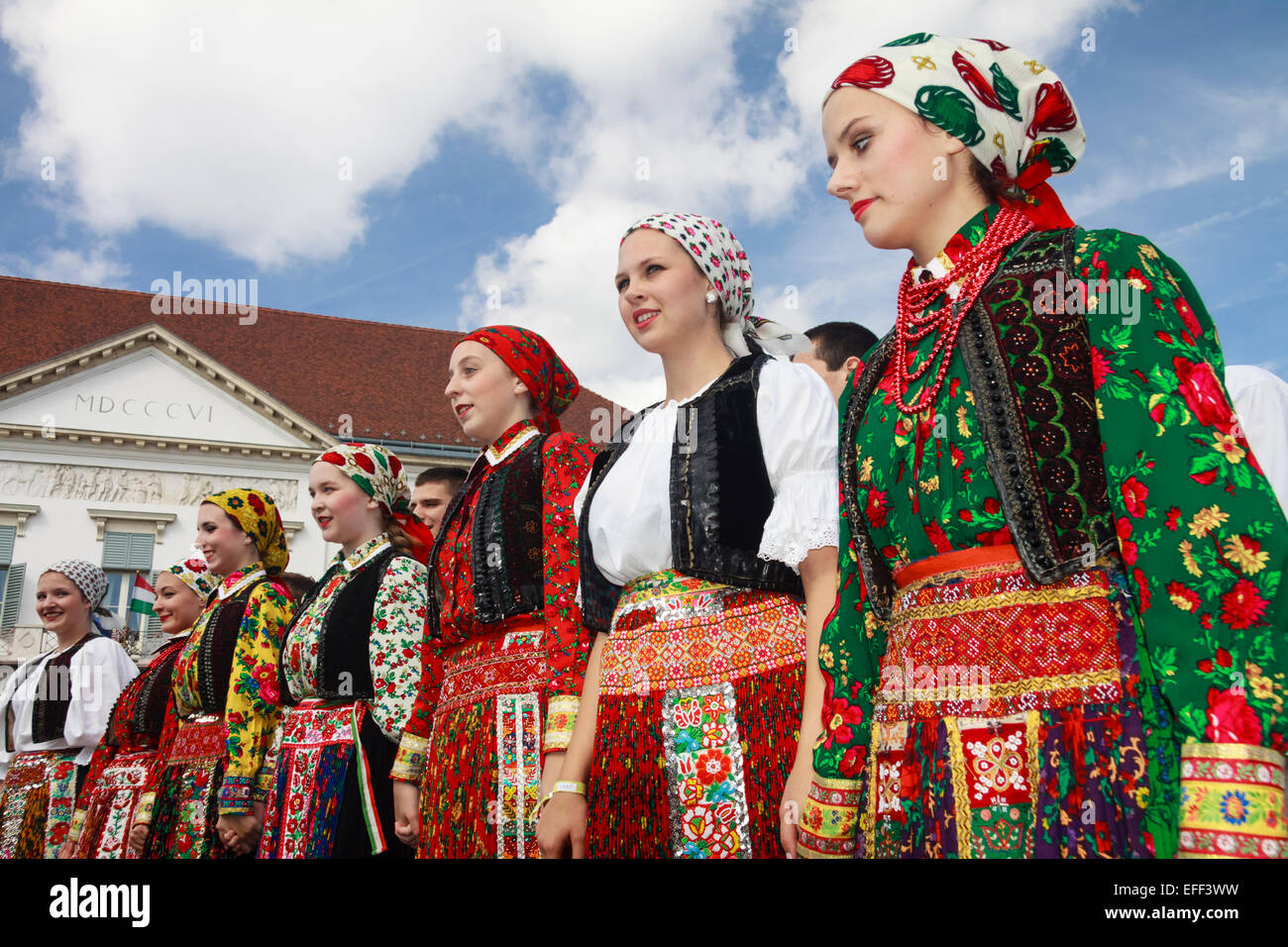 Dancers in traditional costumes at the International Wine festival at Castle Hill, Budapest, Hungary Stock Photo
