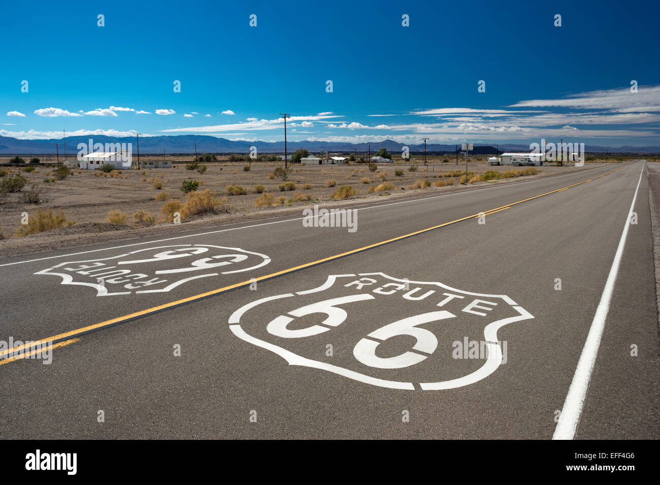 ROUTE 66 SHIELDS NATIONAL TRAILS HIGHWAY AMBOY CALIFORNIA USA Stock