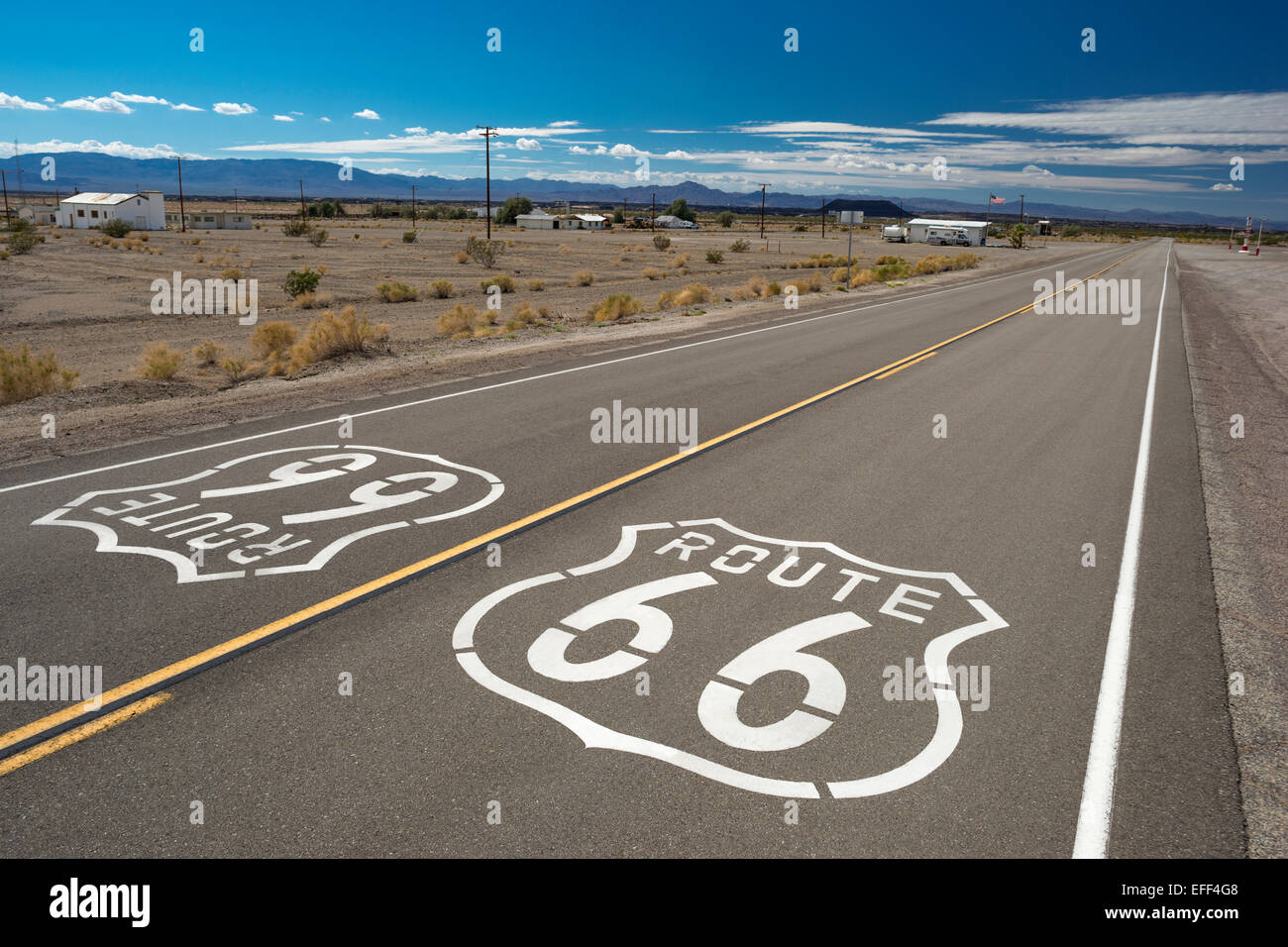 ROUTE 66 SHIELDS NATIONAL TRAILS HIGHWAY AMBOY CALIFORNIA USA Stock Photo