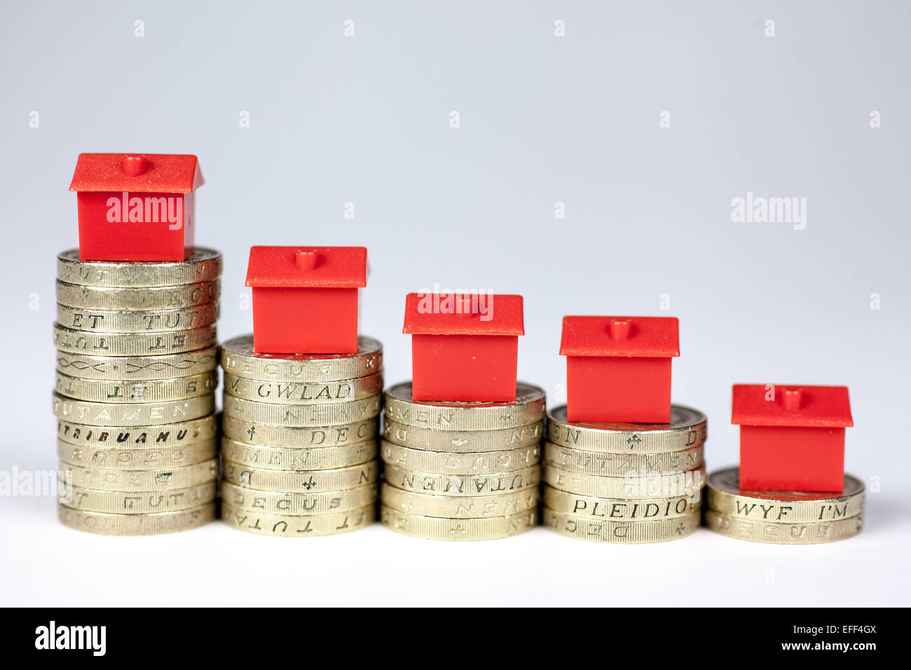 Red monopoly houses on top of piles of pound coins. Stock Photo