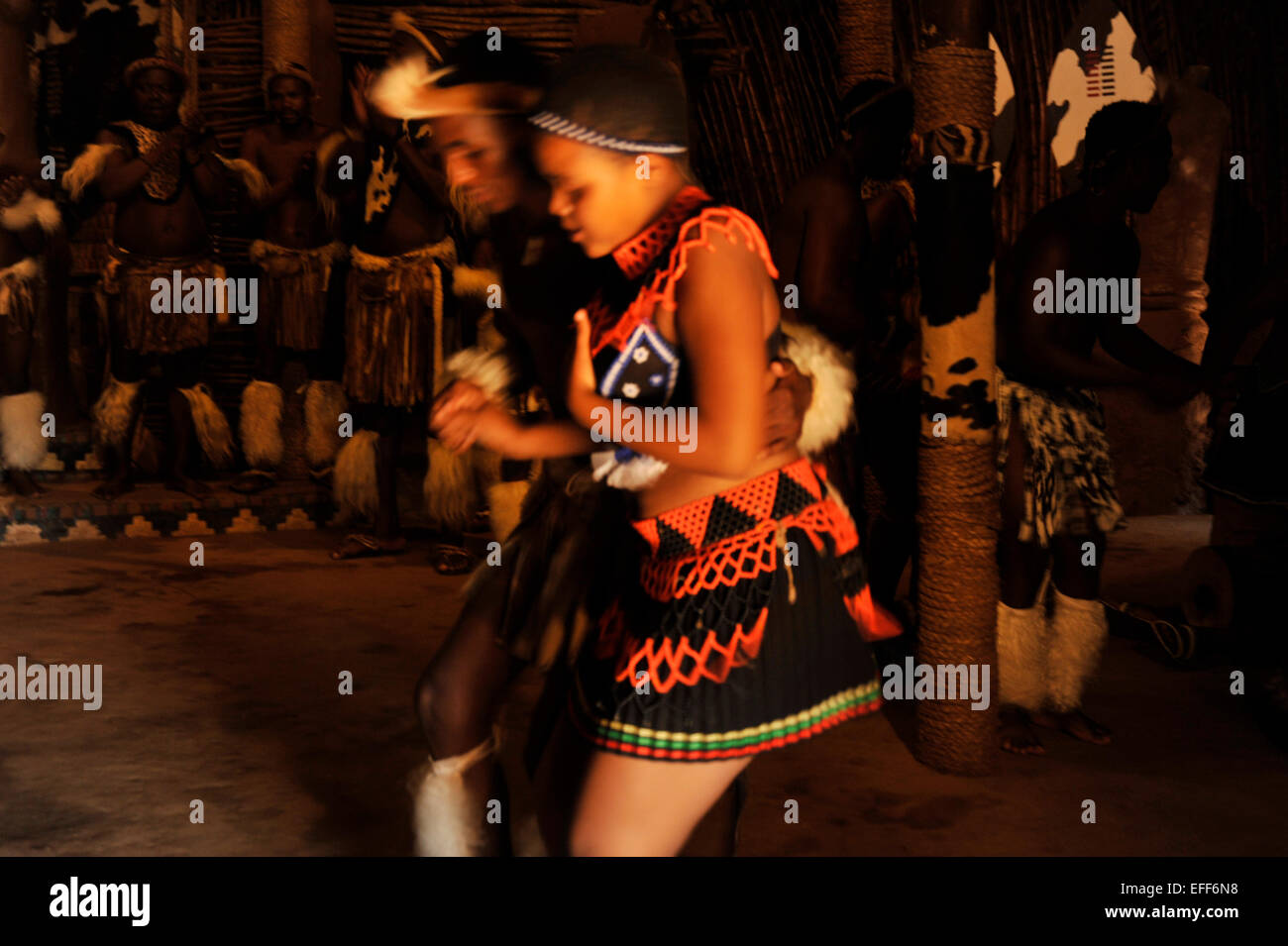 People, culture, adult man and woman dancers, traditional Zulu dance, Shakaland theme village, KwaZulu-Natal, South Africa Stock Photo