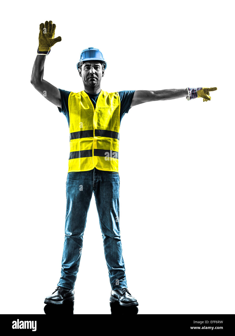 one construction worker stop gesture detour silhouette isolated in white background Stock Photo