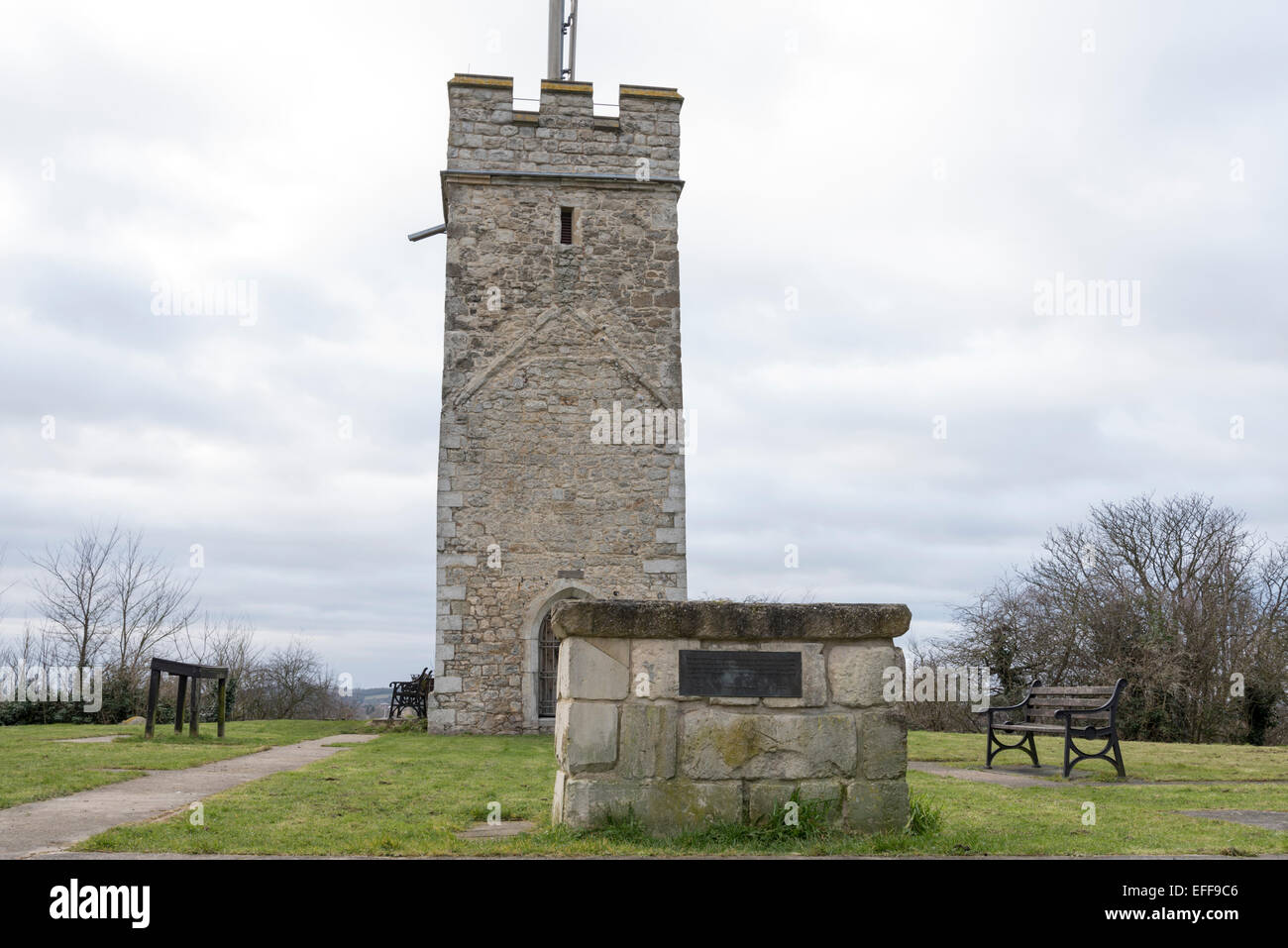 All that remains of Saint Michael's Church, Pitsea, Essex is the tower with a telephone mast coming from it. Stock Photo