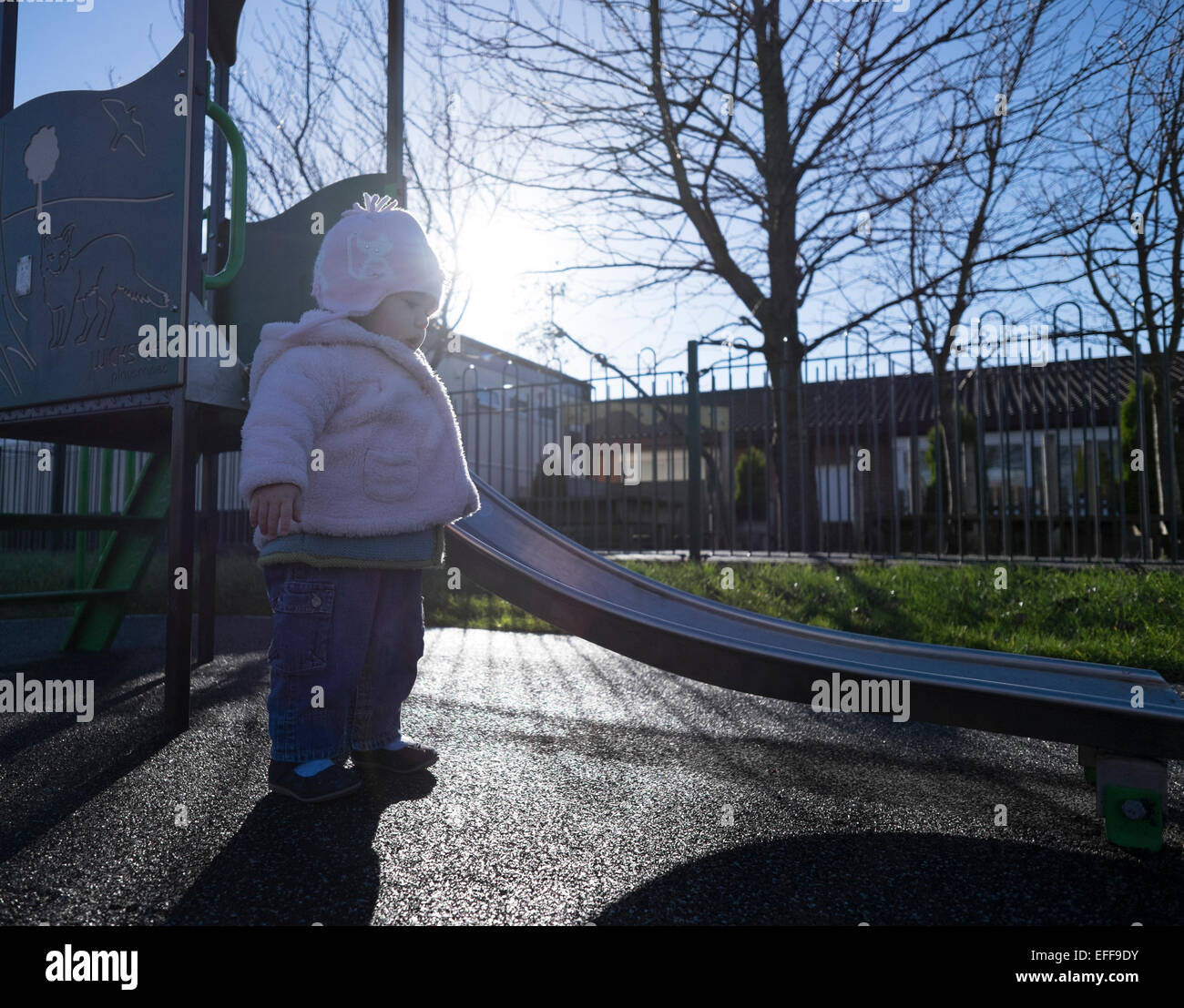 Toddler playing in Ansdell, Lytham St Annes Lansdowne council community park.  credit: LEE RAMSDEN / ALAMY Stock Photo