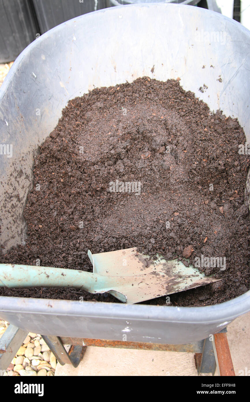 Soil in Wheelbarrow ready for garden Stock Photo