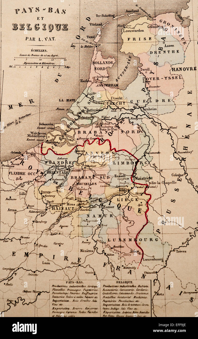 Antique French map of Belgium from Nouvel Atlas Classique c: 1869. Stock Photo