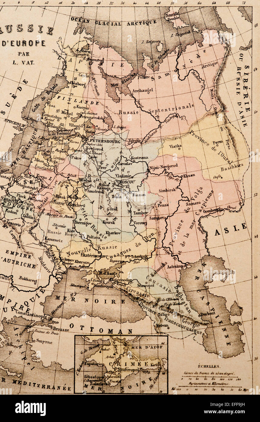 Antique French map of Northern Europe from Nouvel Atlas Classique c: 1869. Stock Photo