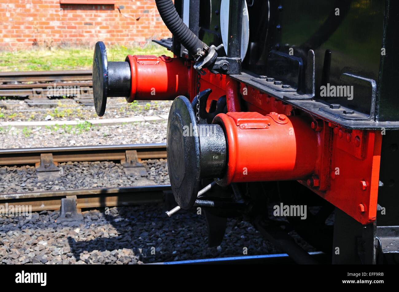 Steam Locomotive Ivatt Class 4 2-6-0 number 43106 in British Rail Black showing front buffer and couplings, Arley, England. Stock Photo