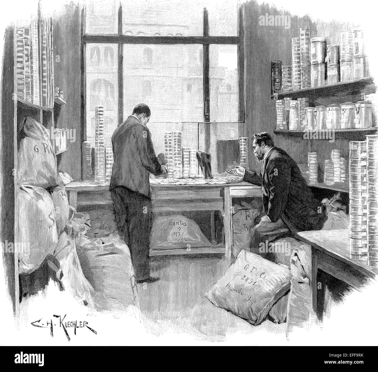 Coffee dealer test the quality of coffee beans in an office, ca. 1895