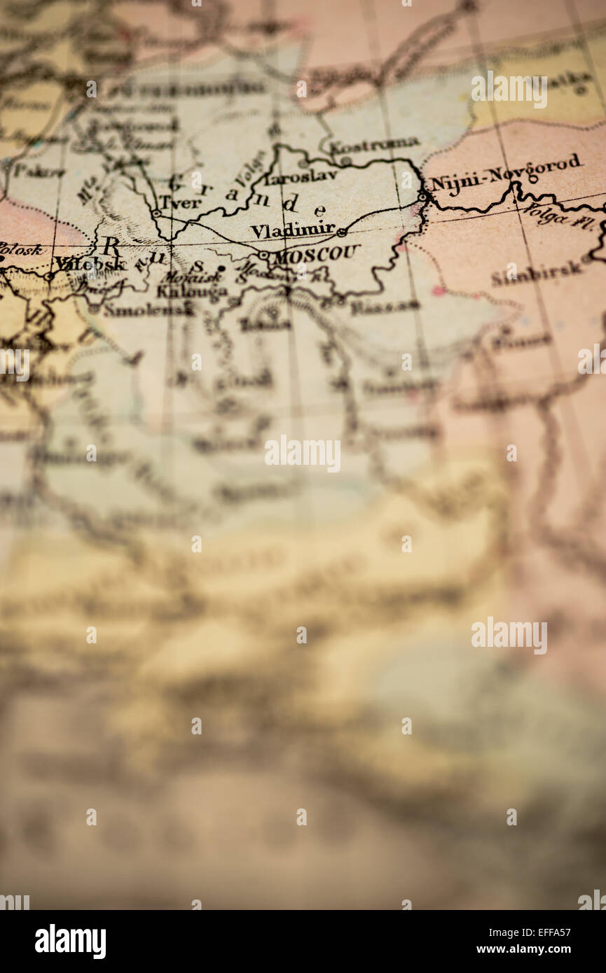 Antique French Map from Novel Atlas Classic C: 1869. Selective Focus on Moscow, Russia. Stock Photo