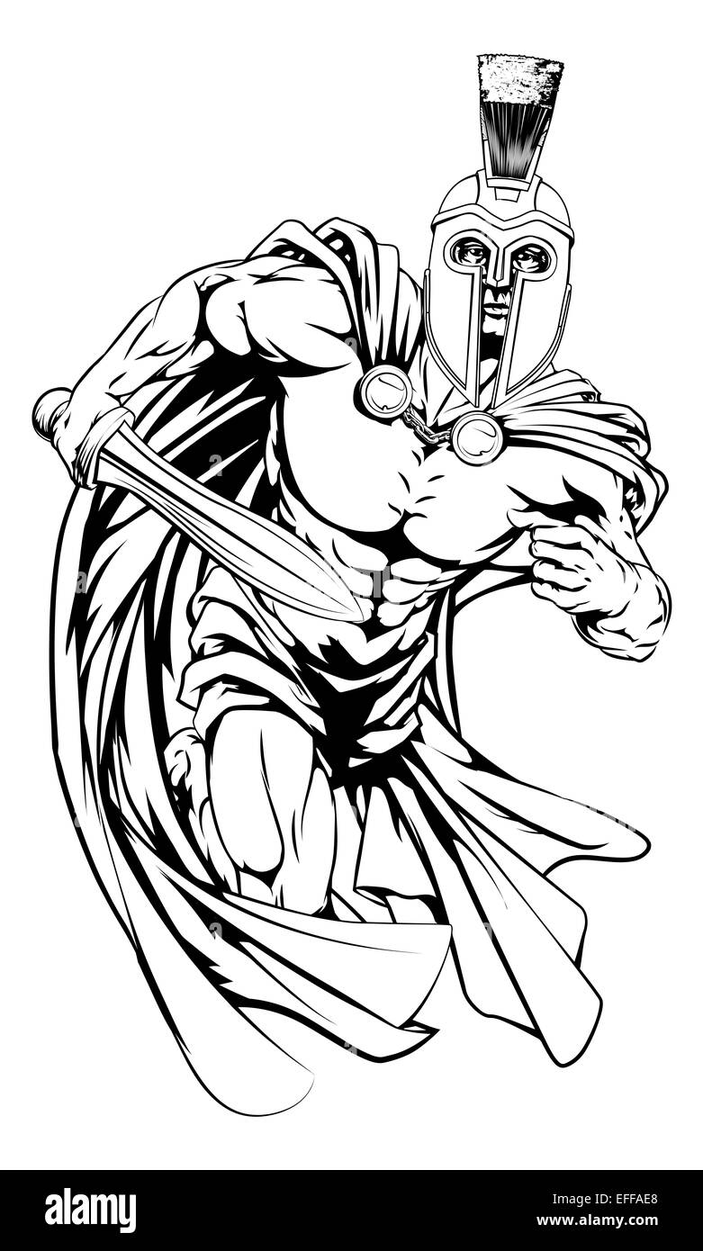 An illustration of a warrior character or sports mascot  in a trojan or Spartan style helmet holding a sword Stock Photo