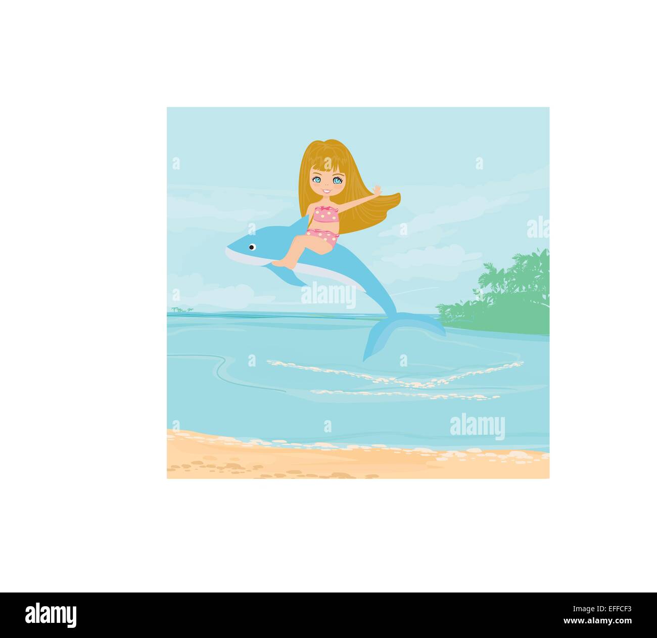 cute girl is riding a dolphin on sea landscape Stock Vector Image & Art ...