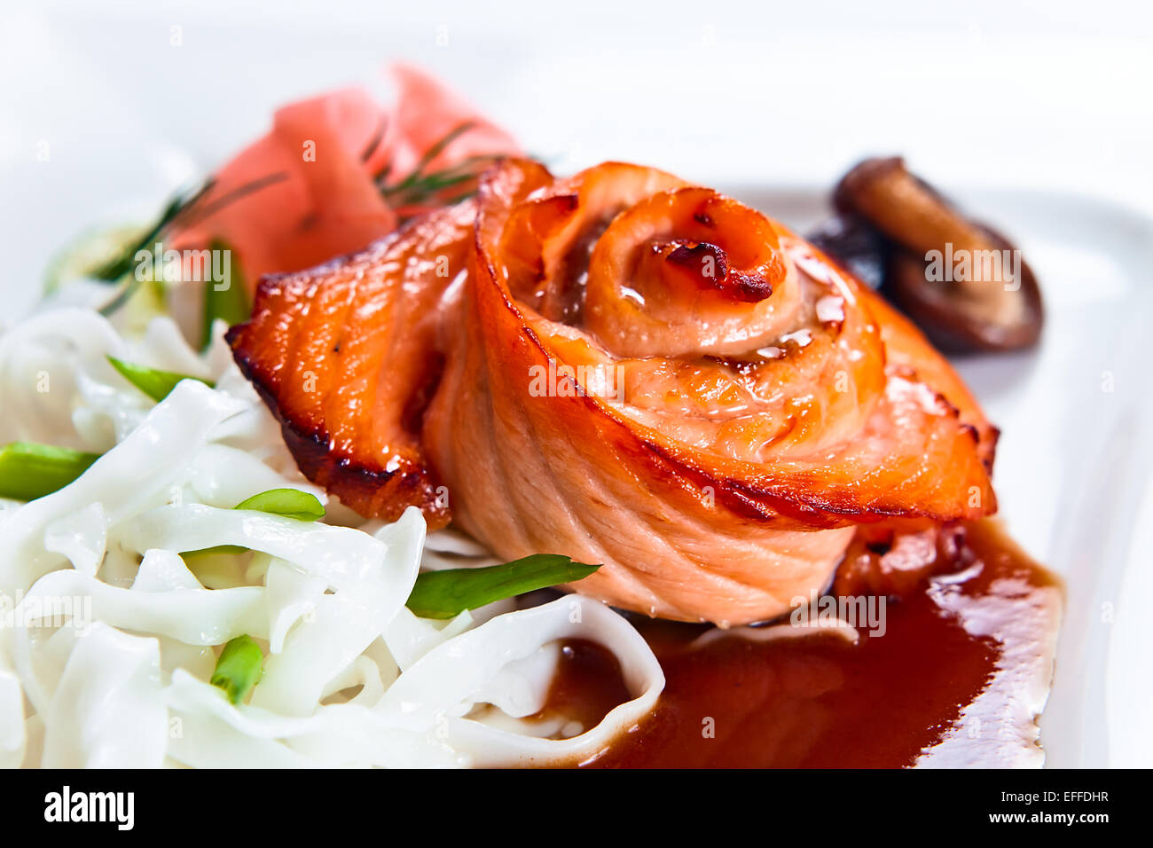 fresh baked salmon with white japanese noodles Stock Photo Alamy