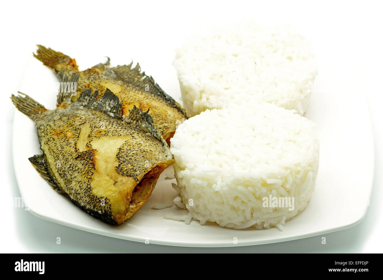 Deep fried 'Salid' fish, Snake Skin Gourami (Trichogaster pectoralis) with steamed rice Stock Photo