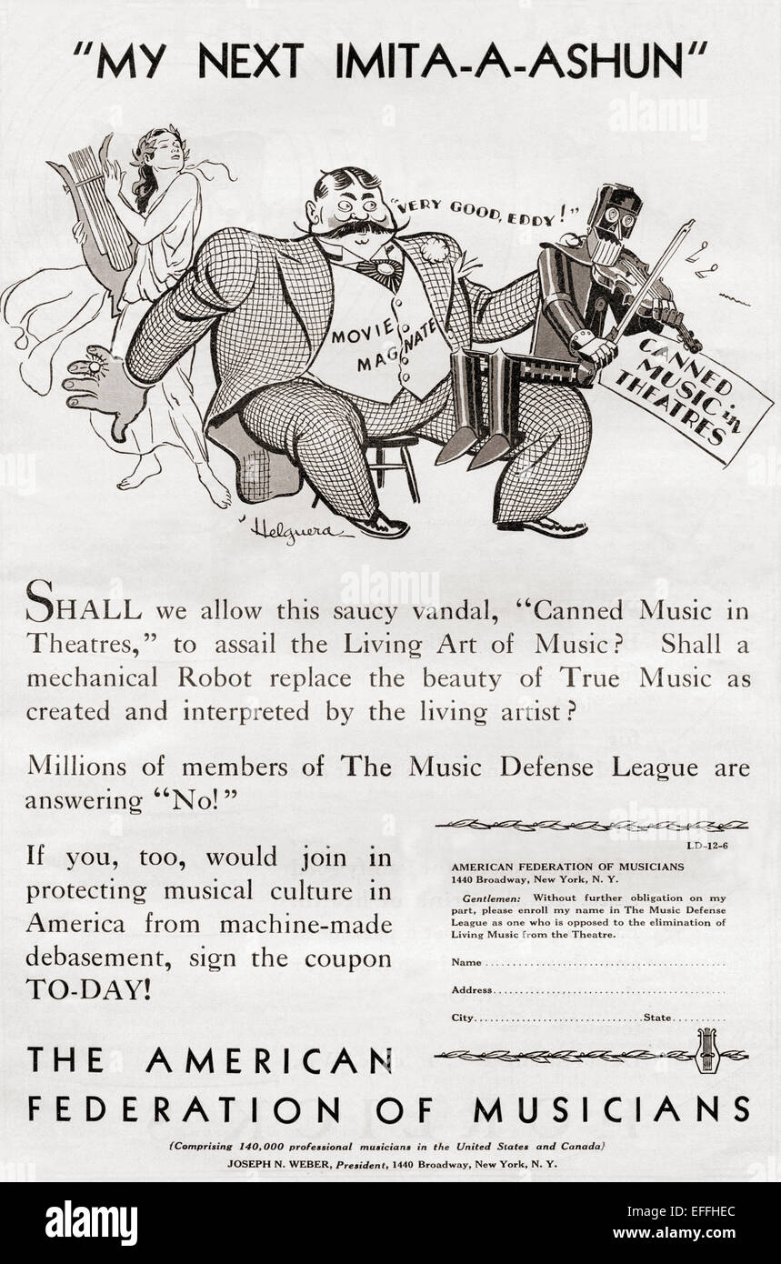 1930's American advertisement from The American Federation of Musicians inviting people who are opposed to the elimination of live music from the theatre to sign the coupon to protect musical culture. Stock Photo