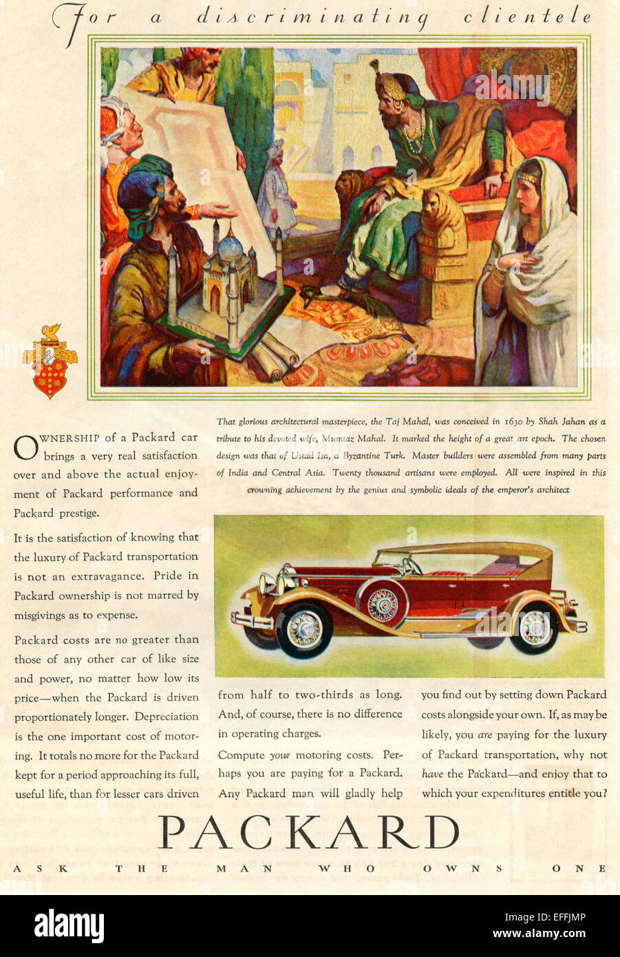 1930's American advertisement for a Packard Automobile. Stock Photo