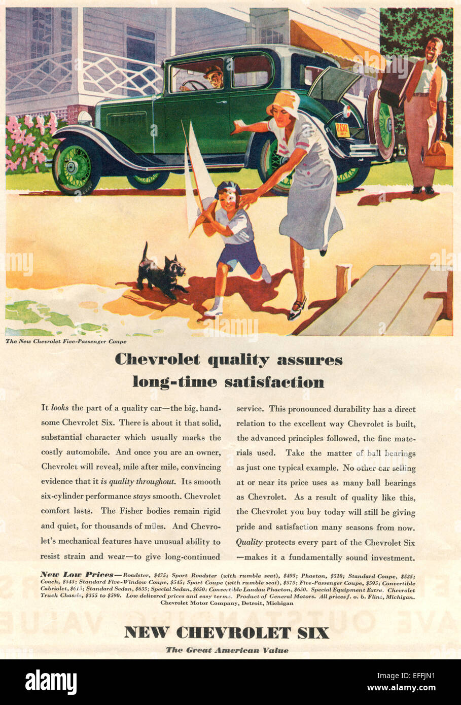 1930's American advertisement for the New Chevrolet Six Passenger Coupe. Stock Photo