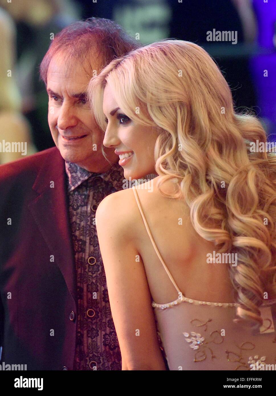 Cologne, Germany. 2nd Feb, 2015. Irish singer Chris de Burgh and his daughter model Rosanna Davison arrive for the Lambertz Monday Night in Cologne, Germany, 2 February 2015. Models presented fashion creations decorated with chocolate during the 'Chocolate and Fashion' show, sponsored by chocolate manufacturer Lambertz. Photo:Henning Kaiser/dpa/Alamy Live News Stock Photo