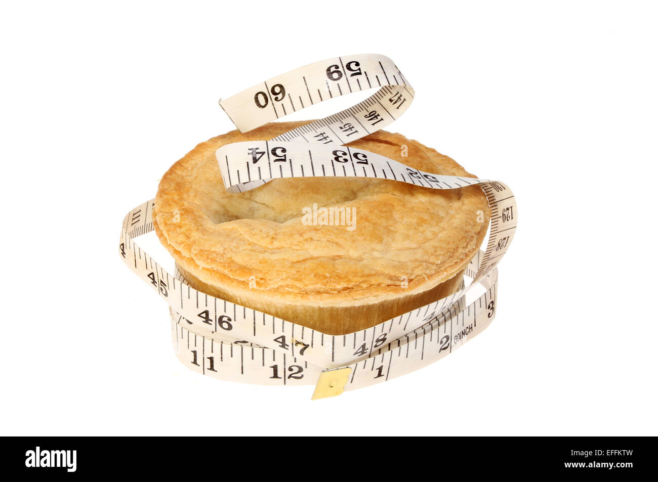 Diet concept, pie wrapped with a tape measure isolated against white Stock Photo