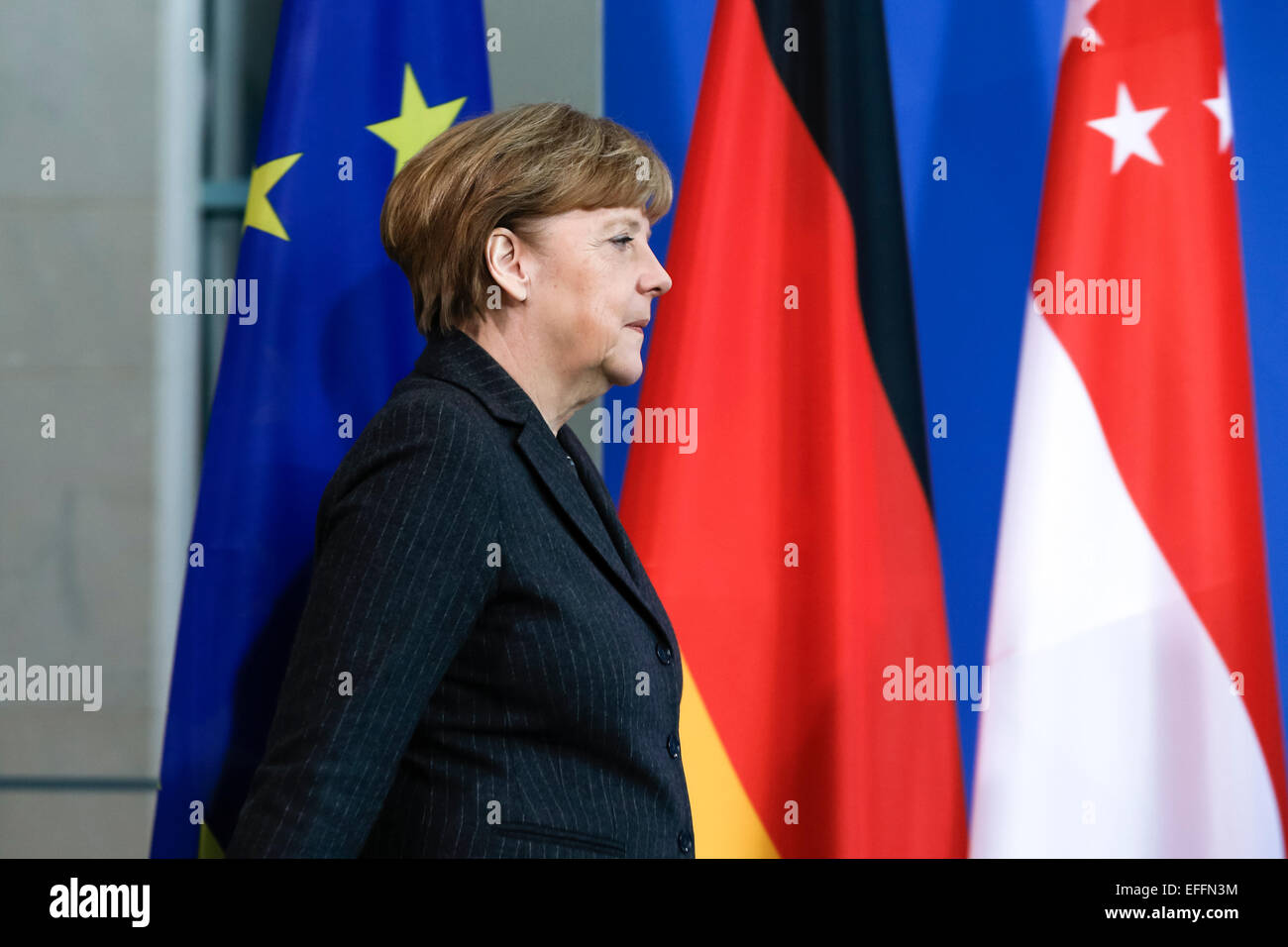 Berlin, Germany. 03rd Feb, 2015. Prime Minister of Singapore Lee Hsien Loong and and the German Chancellor Angela Merkel give a joint press conference after meeting at the German Chancellery on February 03, 2015 in Berlin, Germany. / Picture: German Chancellor Angela Merkel. Credit: Reynaldo Chaib Paganelli/Alamy Live News Stock Photo